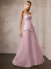 MOTF Soiréza Đầm maxi dự tiệc màu hồng thanh lịch không dây cho nữ, được trang trí bằng ngọc trai giả và đá pha lê, thiết kế dây buộc phía sau có thể điều chỉnh, thích hợp cho đám cưới, tiệc tối năm mới, tiệc trang trọng và tiệc cocktail, trang phục mùa xuân và mùa hè. - Bụi hồng - Xem 5