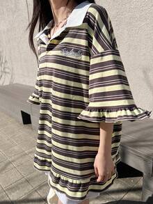 FRIFUL Women's Polo Collar Ruffle Hem Loose Colorful Striped Patchwork Short Sleeve T-Shirt, Summer Oversized Graphic Tees Women - Multicolor - View 4