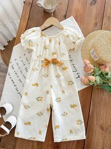 SHEIN Baby Girl Floral Print Petal Sleeve Bow Front Jumpsuit - Yellow - View 3