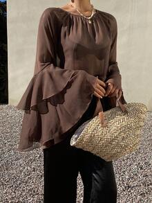 DAZY Áo kiểu nữ màu trơn dáng rộng bằng chiffon, tay loe, bèo nhún, thích hợp cho kỳ nghỉ xuân/hè. - màu nâu - Xem 5