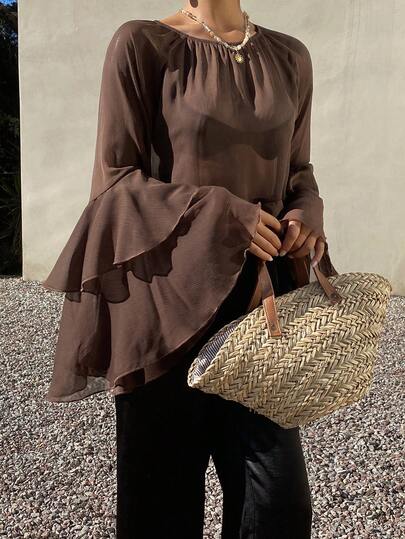 DAZY 女士纯色宽松雪纺喇叭袖荷叶边休闲度假春夏衬衫