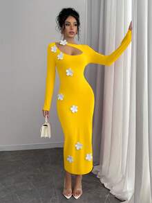 Selianne 镂空花卉设计性感女式连衣裙长款套装 - 淡黃色 - 查看 5