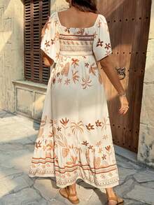 SHEIN Maternity Square Neck Ruffle Hem Vintage Fashion Summer Dress Boho Women Vacation Mediterranean Style Mexican Italian Clothes - Multicolor - View 2