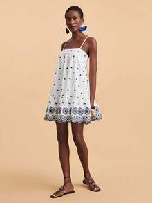 Travachic White Floral Printed Spaghetti Strap Ruffle Hem Sleeveless Summer Camisole Dress,Boho Vacation Holiday Outfit,Elegant Wedding Guest Party Dress - Multicolor - View 5