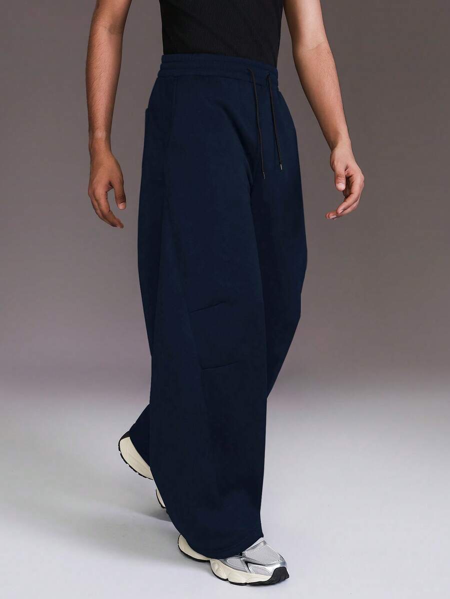 STYNVO Men's Casual Solid Color Drawstring Waist Loose Sweatpants Navy Blue Pants Oversized Pants Men Wide Leg Pant Loose Pants - Navy Blue - View 1