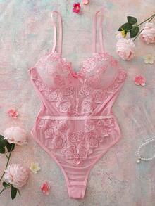 FloralLove 花卉刺绣网纱拼接连体裤，透视设计，裆部纽扣，浪漫乡村风格，女士内衣连体裤，可外穿 - 粉色 - 查看 4