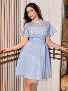 Modelyn Women's French Elegant Blue 3D Floral Mesh Shawl Sleeve Cinched Waist Dress - Blue - View 7