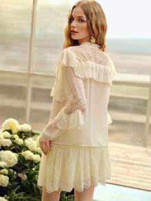 MOTF PREMIUM WOMEN'S LACE PATCHWORK TIE COLLAR LONG SLEEVE BLOUSE, SPRING/SUMMER - Apricot - View 8