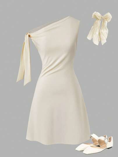 SHEIN This Is A Stylish And Fashionable Dress Designed For Teen Girls. It Features A Sloping Shoulder Design And Is Made From Highly Elastic Knitted Fabric, Ensuring Comfort And A Perfect Fit. The Shoulders Are Adorned With Ribbons, Adding An Extra Touch Of Personalized. This Dress Is Ideal For Girls To Wear In Their Daily Casual Activities, During Afternoon Tea Gatherings, Or In The Summer.
