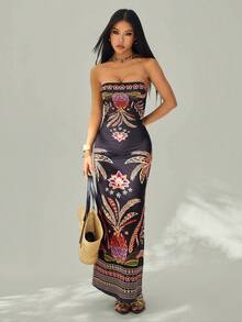 SHEIN PETITE Women's Tropical Plant Print Fitted Camisole Dress, Suitable For Vacation, Back To School, Casual, Office, And Date Wear - Multicolor - View 6