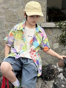DAZY Tween Boy All-Over Print Polo Collar Single-Breasted Casual Versatile Daily Wear Short Sleeve Shirt - Multicolor - View 5