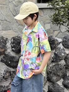 DAZY Tween Boy All-Over Print Polo Collar Single-Breasted Casual Versatile Daily Wear Short Sleeve Shirt - Multicolor - View 6