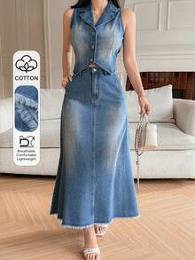 DAZY Women's Casual Washed White Denim Vest And Mini Skirt Suit, Spring/Summer - Blue - View 1
