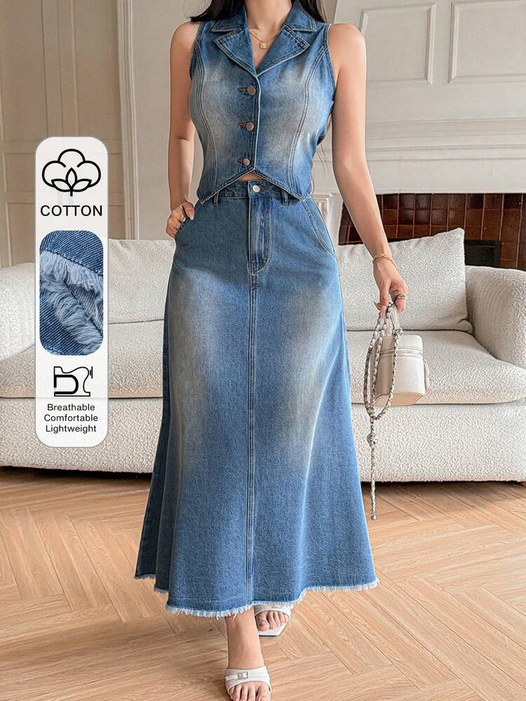 Women's Casual Washed White Denim Vest And Mini Skirt Suit, Spring/Summer,Wedding Guest Dress Women