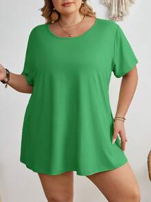 SHEIN CURVE+ Plus Size Casual Solid Color Round Neck Short Sleeve T-Shirt - Green - View 6