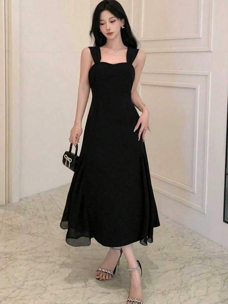 DAZY 女士露背优雅迷人时尚返校礼服舞会礼服优雅吊带裙婚纱女士连衣裙长裙 - 黑色 - 查看 1