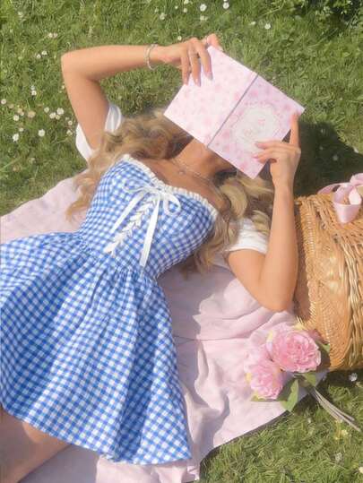 SHEIN MOD Blue And White Checkered Dreamy Romantic Elegant Dress With Corset Panel, Ruffle And Bow Details, Cross Ties – Cute Style For Picnic, Date, Party, Holiday, Tea Party, And Birthday.Blue And White Gingham Mini Dress Off Shoulder Puff Sleeves Lace Up Front Sweetheart Neckline Ruffled Trim Fitted Bodice Flared Skirt Playful Style Checkered Pattern Lightweight Fabric Gathered Waist Soft Drape Crisp Texture Feminine Silhouette Charming Design Airy Feel Retro-Inspired Accents Summer Look,Summer Holiday Outfits, Vacation Outfits , Carnival Costume , Valentines Day Outfit  , Valentine Outfits For Women , Summer Outfits , Spring Break Outfits