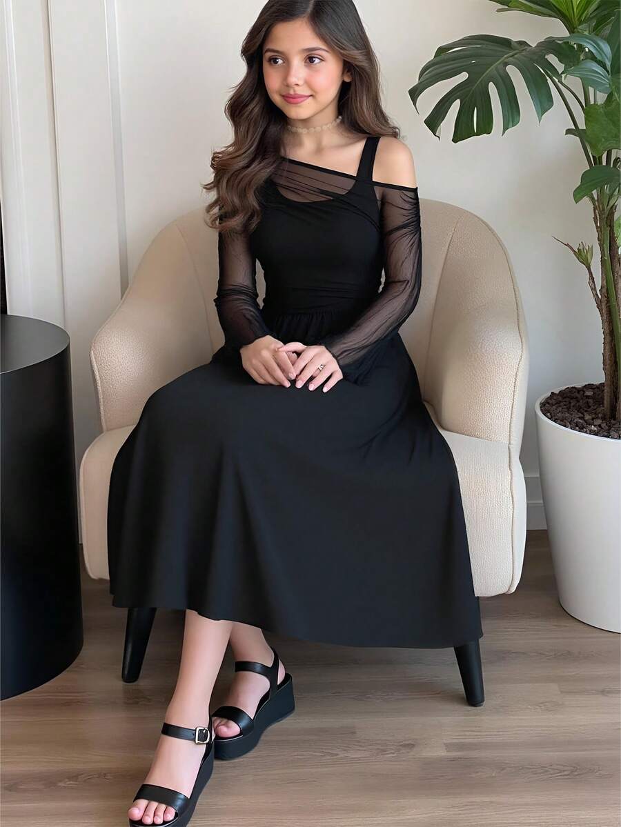 Teen Girl Elegant Fitted Black Mesh Patchwork Asymmetrical Shoulder Flare Sleeve Ruched Dress, Girls Black Party Dress, Christmas Dress, New Year Dress, Ball Gown Black Long Dress Teen Girl Black Elegant Dress - Black - View 1