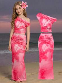SHEIN Tween Girl Printed Asymmetric Asymmetrical Shoulder Short Sleeve T-Shirt And Midi Skirt 2-Piece Elegant Vacation Set - Hot Pink - View 12