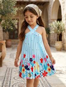SHEIN Elladie kids 女童休闲无袖热带印花连衣裙，春夏新品 - 藍色 - 查看 3