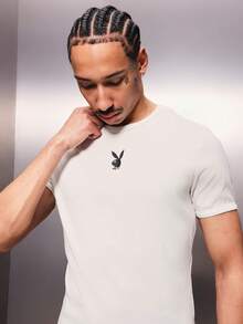 PLAYBOY X SUMWON Bunny Logo Crew Neck Short Sleeve Muscle Tee Ribbed Casual Streetwear Summer Essential White Regular Fit Men's T-Shirt - White - View 5