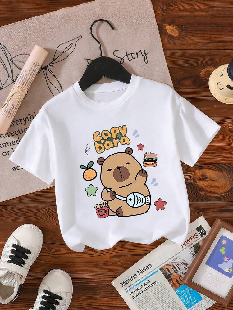 Young Girl Casual Cute Capybara Print Round Neck Short Sleeve T-Shirt, Capybara Themed Summer - White - View 3