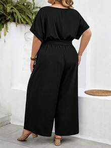 SHEIN CURVE+ Kích cỡ US22 (dành cho người có đường cong cơ thể) Bộ jumpsuit nữ phong cách Bohemia thanh lịch, cổ tròn, ôm sát, ống rộng, thích hợp cho lễ hội âm nhạc, kỳ nghỉ bên bờ biển. - màu đen - Xem 2