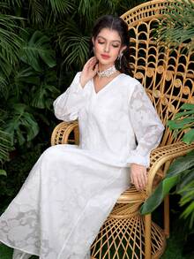 Al Najma Áo kiểu trắng tay phồng cổ chữ V thanh lịch - trắng - Xem 1