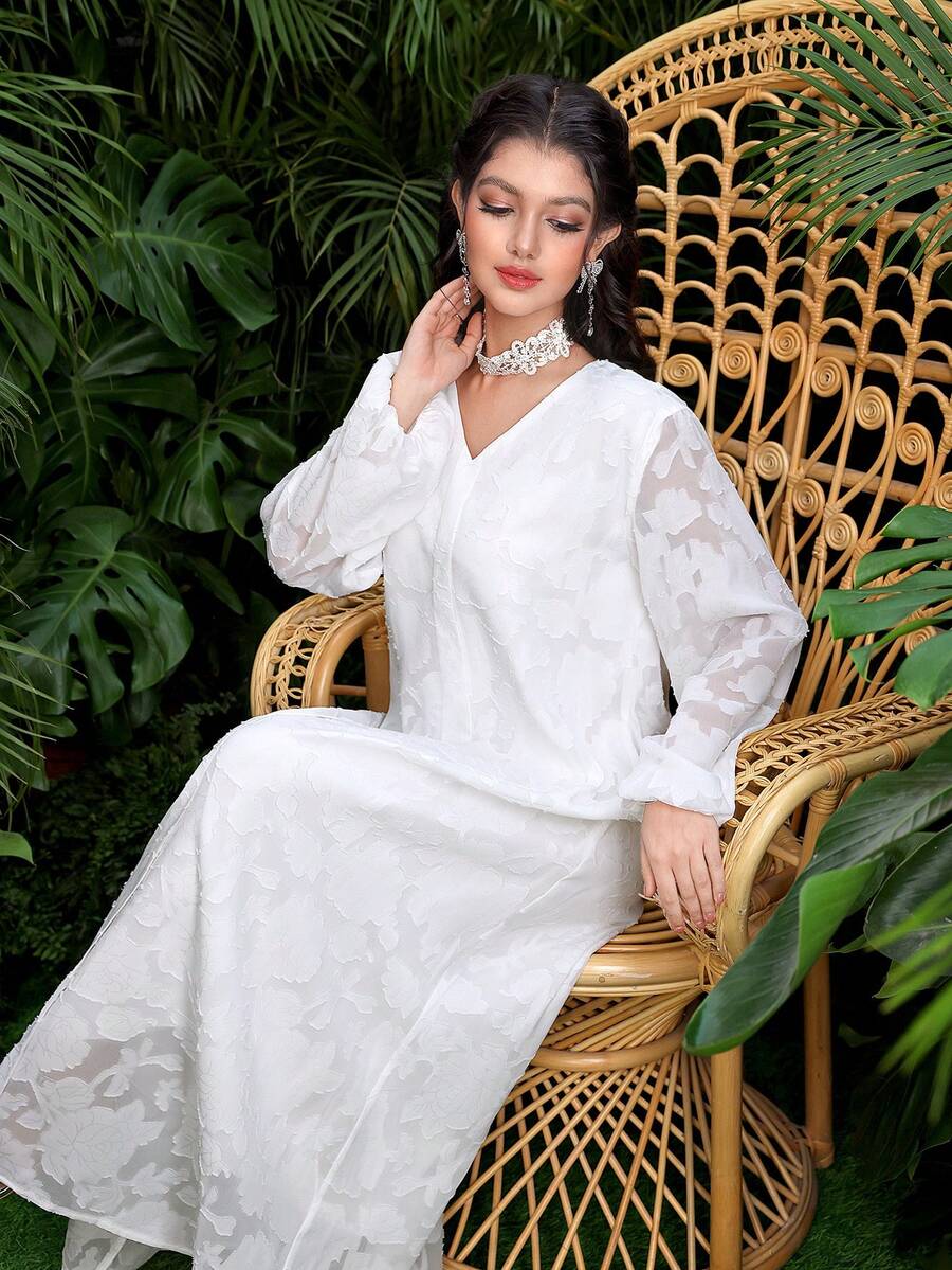 Al Najma Áo kiểu trắng tay phồng cổ chữ V thanh lịch - trắng - Xem 1