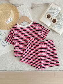 LMoss Kids Bộ 2 món áo thun cổ tròn kẻ sọc dệt kim cho bé gái và quần short - Nhiều màu - Xem 2