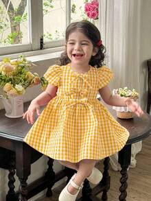 LMoss Kids 女婴格子圆领花瓣袖修身休闲连衣裙 - 黃色 - 查看 7
