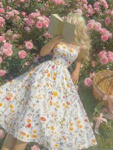 SHEIN MOD Đầm lửng nữ in hoa thêu họa tiết - Nhiều màu - Xem 2