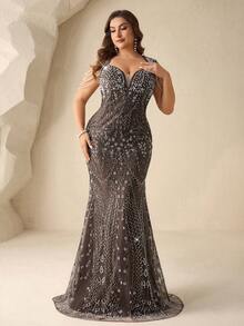 Coutiva Đầm dạ hội cỡ lớn, thanh lịch và sang trọng, cổ vuông đính sequin, hở lưng, thiết kế tua rua ngọc trai, chân váy đuôi cá – Một chiếc đầm trang trọng phù hợp cho khách dự đám cưới, lễ tốt nghiệp và lễ khai trương. - màu nâu - Xem 7