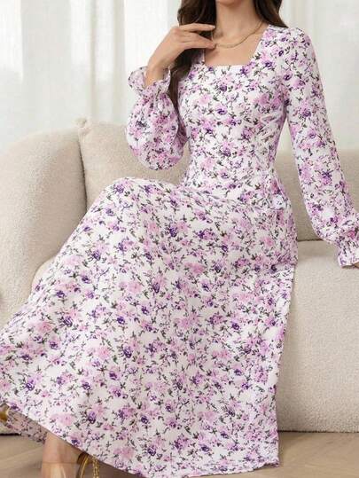 1pc Teen GirlFloral Print Dress, Square Neckline With Golden Lace Trim, Long Flare Sleeves, Maxi Length, Side Panel, Spring