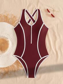 Swim SPRTY Áo tắm liền thân nữ, màu trơn, khóa kéo phía trước, không tay, thích hợp cho bãi biển, kỳ nghỉ, thể thao. - Màu Đỏ Sâu - Xem 4