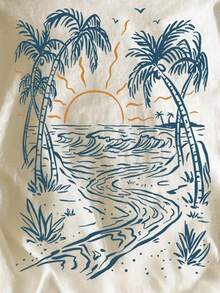 SHEIN Áo thun nữ tay ngắn cổ tròn in họa tiết phong cách thường ngày - Màu be - Xem 5