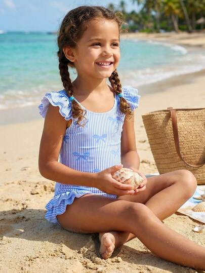SHEIN Baby Girls Beachwear, A Cute Multi Colored Bow Printed Knitted Fabric One-Piece Swimsuit With Lotus Leaf Fly Edge, Fashionable And Casual, Exquisite And Gorgeous Ladies Suitable For Swimming, Suitable For Summer Vacation, Beach Beach, Swimming Pool, Summer Party, Leisure Vacation Newborn Baby Girl Clothes Baby Ruffle Swim Girls One Piece Summer Outfit Baby Ruffle Bathing Suit