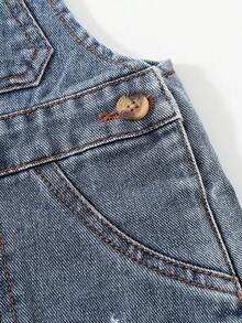 SHEIN 男童韩版休闲可爱百搭蓝色水洗牛仔背带裤（仅裤子） - 淺色水洗藍 - 查看 6