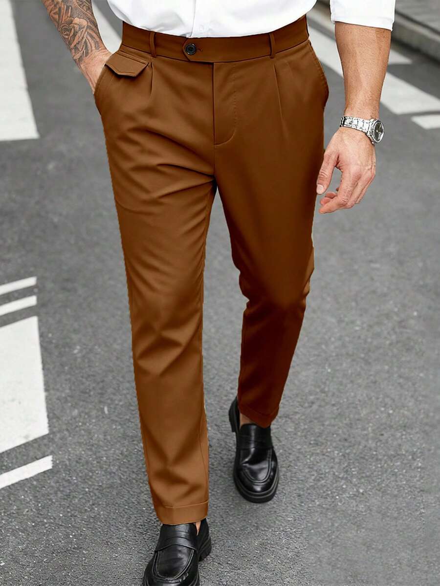 Manfinity Mode 加大码男士纯色斜插口袋袖休闲时尚裤 - 棕色 - 查看 1