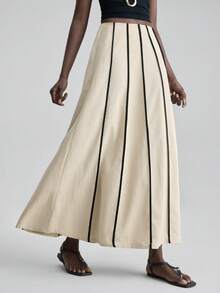 Ontre 2026SS Nueva Falda A-Line de Tela Tejida para Mujer, Diseño de Cremallera con Ribete de Color Contrastante, Estilo Elegante de Vacaciones de Verano, Atuendo de Invitada de Boda en Beige, Albaricoque y Caqui - Blanco y Negro - Ver 4