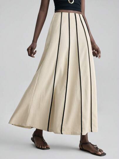 Ontre 2026SS New Woven Fabric Contrast Color Trim Design Women's Skirt, Suitable For Valentine's Day, Wedding Season, Zipper Design, Apricot Khaki Color, Urban Chic, Minimalist Commuter Style, Wedding Guest Attire, Holiday Outfit, Romantic Valentine's Day, Design Details, Elegant, Teacher's Day Outfit, Tea Party Clothing, Party Wear, Casual Loose Daily Women's Bestseller Solid Color, Office Outfit, Holiday Wear, Back To School Light Vacation Style, Everyday Wear, Women's Spring Summer Casual, Fashion Versatile A-Line Skirt