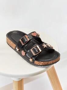 Mini mi Kids' Star & Heart Charms Double-Buckle Footbed Cork Pu Black Slide Sandal– Cute, Fun & Comfortable - Black - View 3