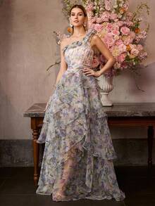 MOTF Soiréza WOMEN'S ORGANZA FLORAL PRINT ONE SHOULDER LAYERED HEM WAIST CINCHED COCKTAIL PARTY DRESS - Multicolor - View 1