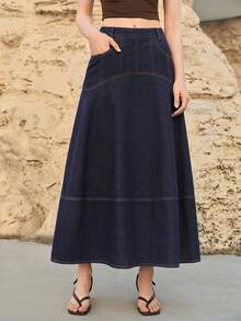 MOTF PREMIUM WOMEN'S FASHION SLANT POCKET DENIM SKIRT - Navy Blue - View 6