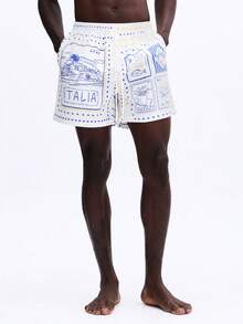 SUMWON Quần short đi biển nam màu trắng in hình bưu thiếp du lịch Ý với họa tiết Amalfi Italia, thích hợp cho kỳ nghỉ hè. - Vàng nhạt - Xem 1