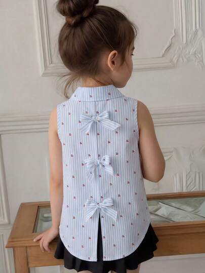 SHEIN Young Girls' Woven Striped Pink Sleeveless Asymmetrical Shirt, Bowknot Decor At Back, Suitable For School, Casual, And Versatile Outings
