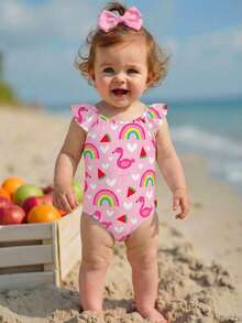 SHEIN Cute Hand-Painted Flamingo, Rainbow, Watermelon Pattern Baby Girls Casual Slim-Fit One-Piece Swimsuit, Suitable For Summer Vacation And Beach, #Coconutgirl - Pink - View 2