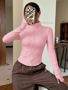 SHEIN EZwear 杏色针织修身女士长袖防晒外套，秋冬季款 - 粉色 - 查看 5