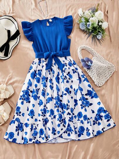 ChillGRL Vestido de niña preadolescente con volantes en el bajo, lazo en la cintura y mangas con volantes en jacquard azul, adecuado para adolescentes, uso casual diario y de vacaciones en verano