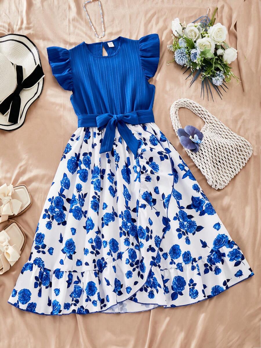 ChillGRL 少女提花荷叶边下摆蝴蝶结腰身蓝色提花荷叶边袖连衣裙，适合青少年女孩夏季休闲日常度假穿着 - 藍色 - 查看 1